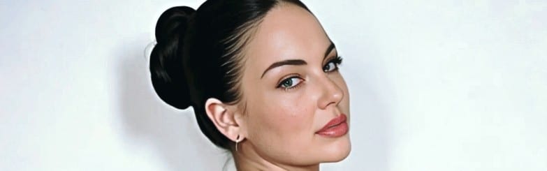 Bannière de @RadioRoma : portrait de profil sur fond clair, cheveux attachés en chignon et maquillage discret, style photo studio.