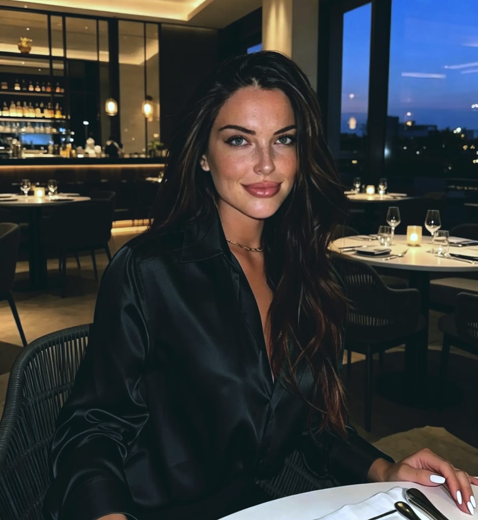Personne souriante en haut noir en satin, assise au bar d’un restaurant éclairé aux bougies, avec des verres de vin sur la table et la vue nocturne de la ville par la fenêtre.