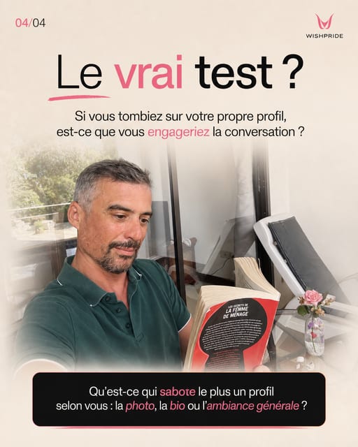 Image WishPride avec une personne lisant un livre près d’une fenêtre, un petit vase de fleurs sur une table d’appoint et des suggestions à l’écran sur la façon de saboter un profil.