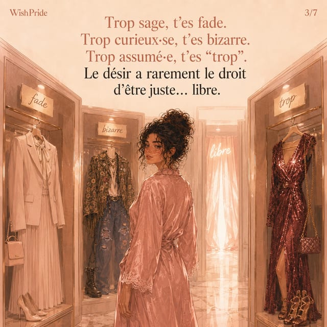 Illustration WishPride montrant un couloir de boutique avec des portants de vêtements, des panneaux décoratifs « fade », « bizarre » et « libre », et une femme en robe de satin posant entre les présentoirs.