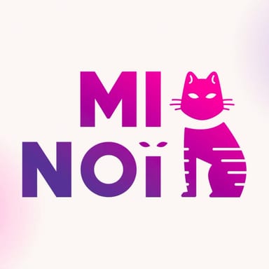 Mi-Noï logo with a purple cat icon and the text “MI NOI” on a soft pink and lavender gradient background.