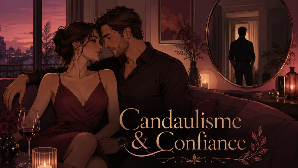 Illustration for @wishpride with a warmly lit bedroom scene, two people in elegant dark clothing embracing near a bed, a round mirror, candles, and the text “Candaulism & Trust”.