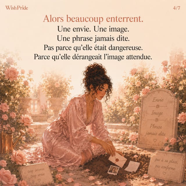 Illustration WishPride montrant un jardin rempli de roses et de confettis, une femme en robe de satin assise parmi de la vaisselle, et plusieurs tableaux de messages avec du texte français.
