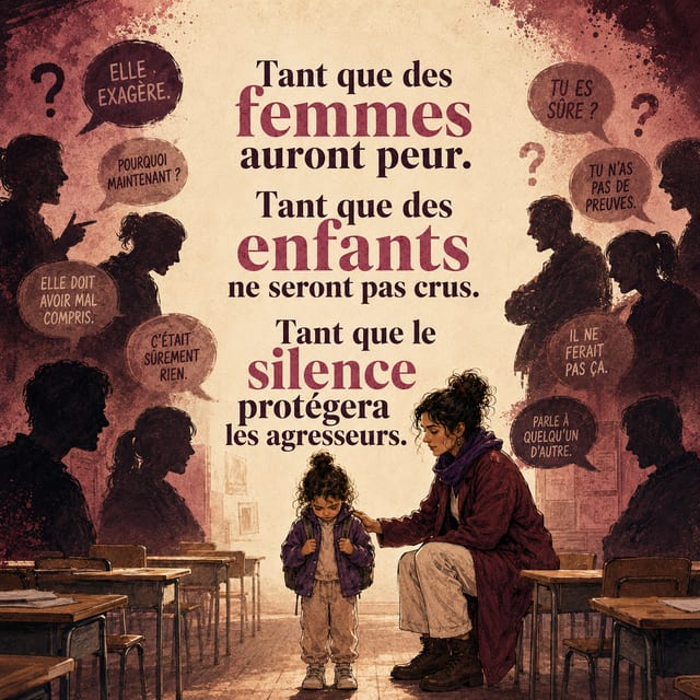 Scène de rue stylisée dans une salle de classe avec des bulles de dialogue et du texte français sur la peur, le silence et la protection des « agresseurs », plus une figure centrale aidant un enfant tandis que des bureaux bordent les côtés.