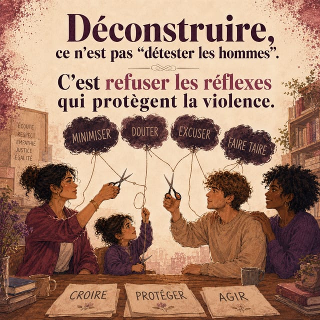 Illustration féministe avec un texte de citation en français en haut et plusieurs bulles de pensée sombres étiquetées « MINIMISER », « DOUTER », « EXCUSER » et « FAIRE TAIRE », tandis que des personnes coupent des fils.
