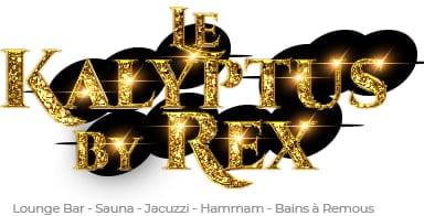 Logo doré en 3D indiquant « LE KALYPTUS BY REX » sur fond sombre, avec « Lounge Bar - Sauna - Jacuzzi - Hammam - Bains à remous » en dessous.