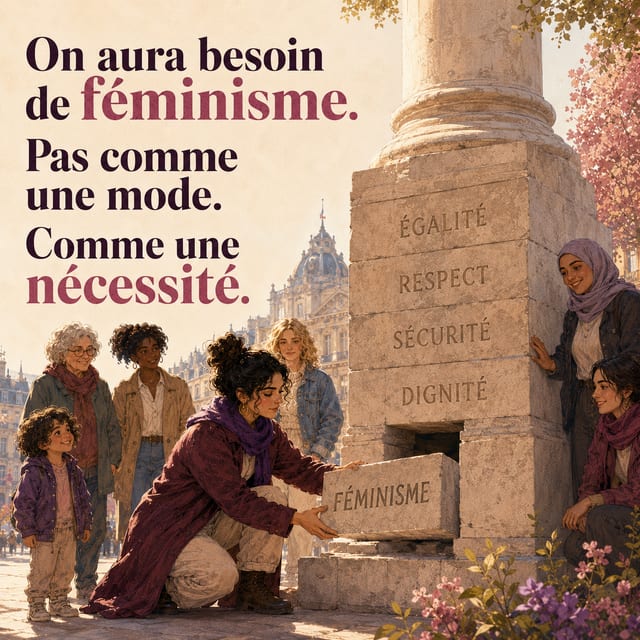 Des personnes se tiennent près d’un monument en pierre gravé « ÉGALITÉ, RESPECT, SÉCURITÉ, DIGNITÉ » en y posant une pancarte « FÉMINISME », avec du texte féministe français à gauche.