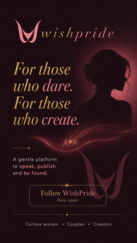 Burgundy WishPride promotional graphic with the logo, “For those who dare…”, a gentle platform message, and a “Follow WishPride – Now open” call-to-action.