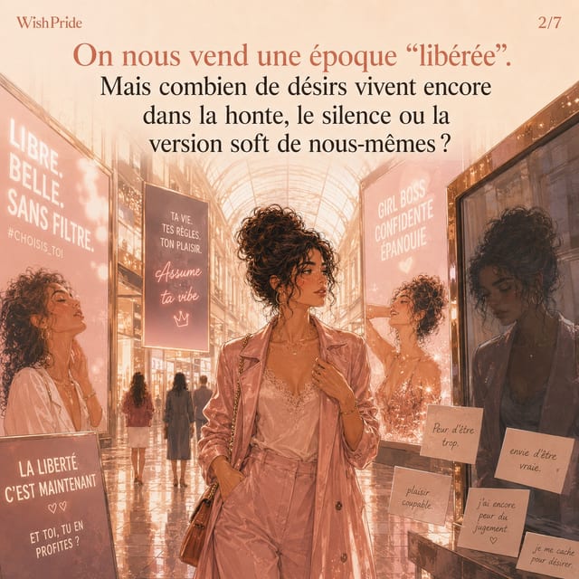 Illustration WishPride aux tons dorés montrant un couloir glamour avec des enseignes lumineuses et des cartes suspendues, où une femme en robe de chambre en satin se tient parmi des présentoirs de mode et des reflets.