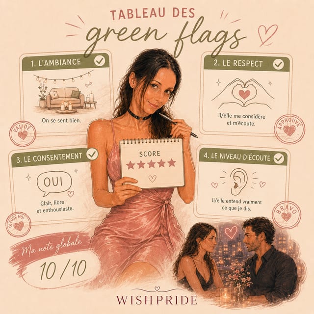 Infographie WishPride intitulée « signaux verts » avec quatre cartes cochées pour l'ambiance, le respect, le consentement et l'écoute, plus un score dans un carnet et un couple en bas.