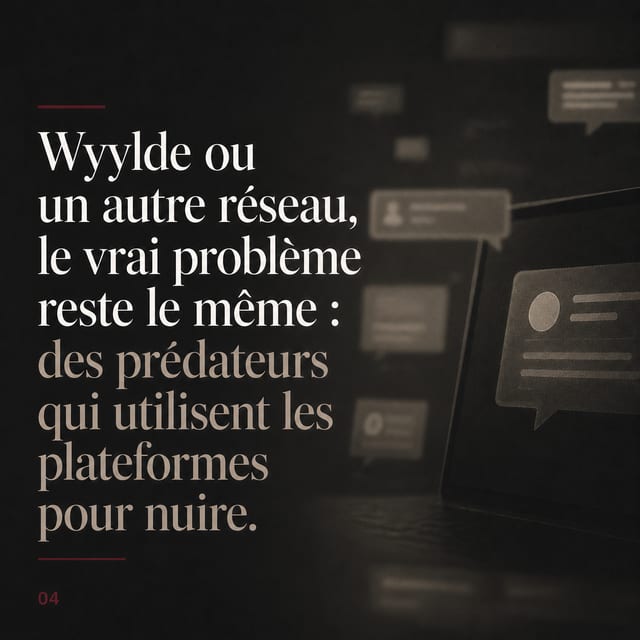Fond graphique sombre avec des formes de bulles de discussion et grand texte blanc avertissant que les prédateurs utilisent les plateformes.