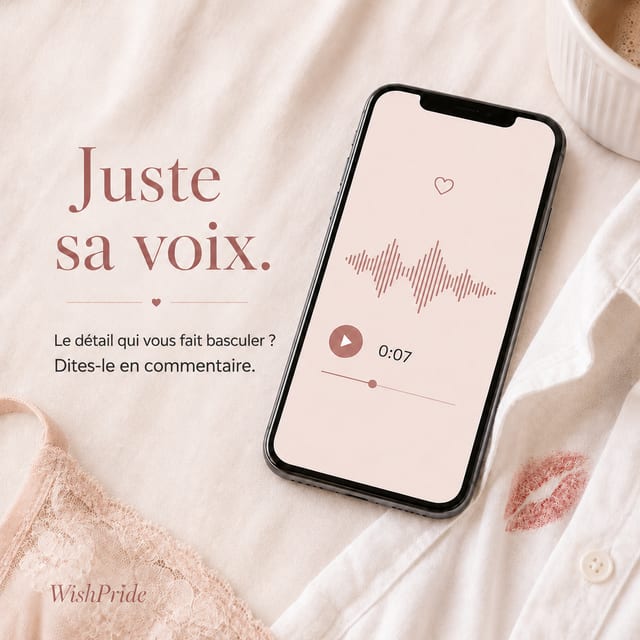 @wishpride image promotionnelle montrant un smartphone diffusant une onde sonore à côté du texte « Juste sa voix », sur un fond de tissu rose poudré.