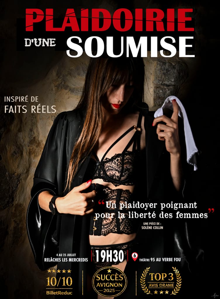 Affiche de « Plaidoirie d’une soumise » de Solène Collin : une interprète en robe noire et tenue en dentelle tient un voile blanc devant un mur sombre texturé, avec les dates et le lieu.