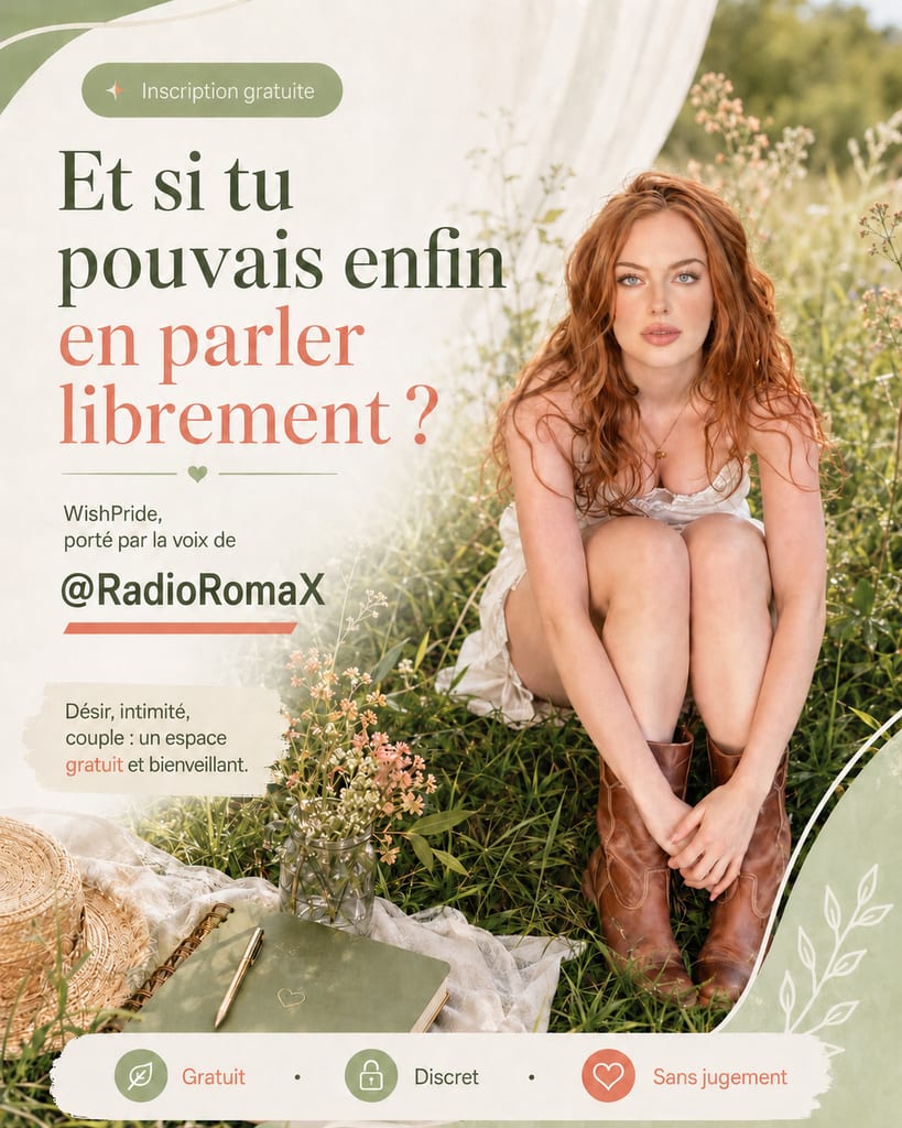 Affiche promotionnelle WishPride pour @RadioRomaX avec le titre « Et si tu pouvais enfin en parler librement ? », montrant une personne en robe légère et bottes marron dans une prairie fleurie près d’un carnet, de fleurs et des mentions « Gratuit », « Discret », « Sans jugement ».