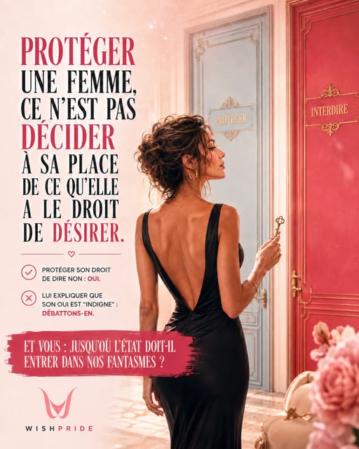 Affiche éditoriale WishPride dans un intérieur luxueux, avec une personne en robe noire tenant une clé près d’une porte rouge marquée « INTERDIRE », et un texte sur la protection du droit de dire non.