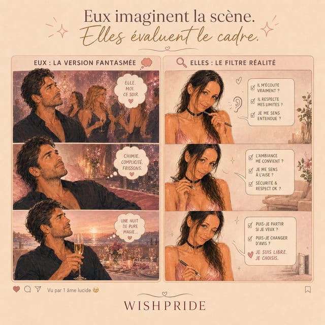 Infographie WishPride en deux volets opposant la version fantasmée au filtre de la réalité, avec bulles de dialogue, cases à cocher et illustration d'une fête cosy.