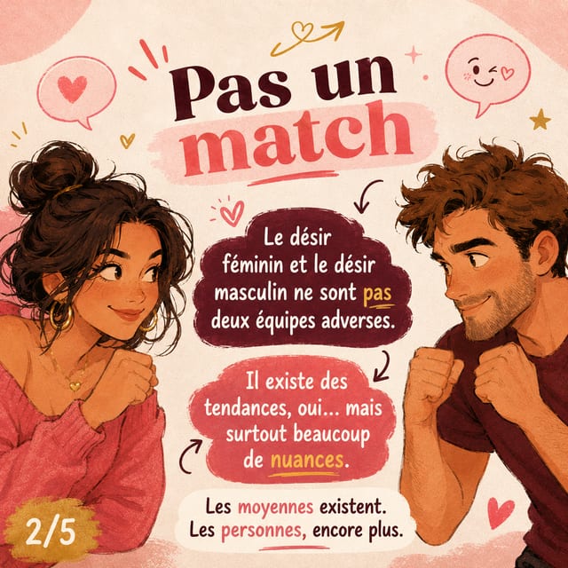 @wishpride, diapositive de carrousel avec un couple illustré en tenues rouges et bordeaux, bulles en forme de cœur et grand texte français disant que le désir n’est pas un duel, marqué « 2/5 ».