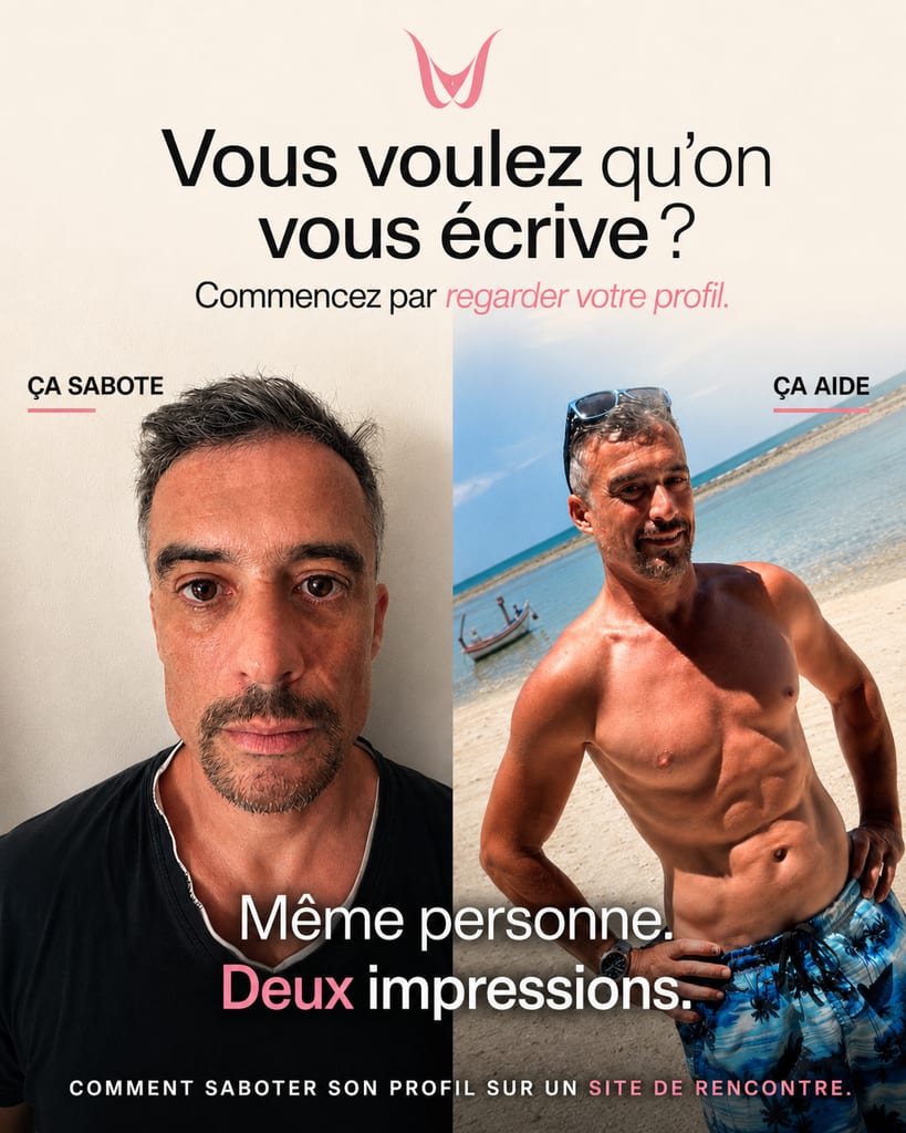 Graphique de publication WishPride avec une mise en page en deux volets comparant l’ambiance des photos de profil, d’un selfie devant le miroir de la salle de bains à une photo de plage avec lunettes de soleil et maillot de bain.