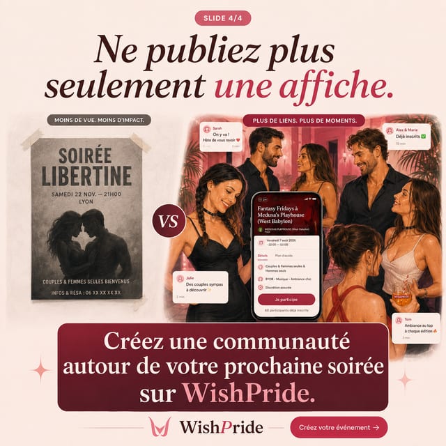 Visuel WishPride comparant une affiche basique de soirée libertine à une page événement riche sur un téléphone, sur fond d’ambiance de groupe festive et avec l’appel « créer une communauté ».