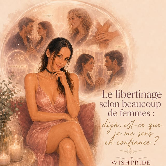 Scène illustrée WishPride dans un salon au décor doux, avec des invités en tenues élégantes, une ambiance de cœur lumineux et des mots comme écoute, respect, bienveillance et liberté, plus un titre sur le libertinage.