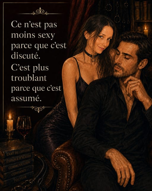 Dans une pièce sombre éclairée aux chandelles, deux personnes en tenue noire avec collier ras-du-cou et gants en cuir sont assises tout près de livres BDSM intitulés « Communication » et « Confiance », avec une citation disant que parler du désir n’est pas moins sexy.