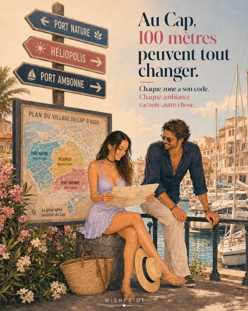 Un couple étudie un plan détaillé du village à un panneau indiquant « Port Nature », « Héliopolis » et « Port Ambonne », avec des bateaux de marina et un message français sur le changement de quartier.