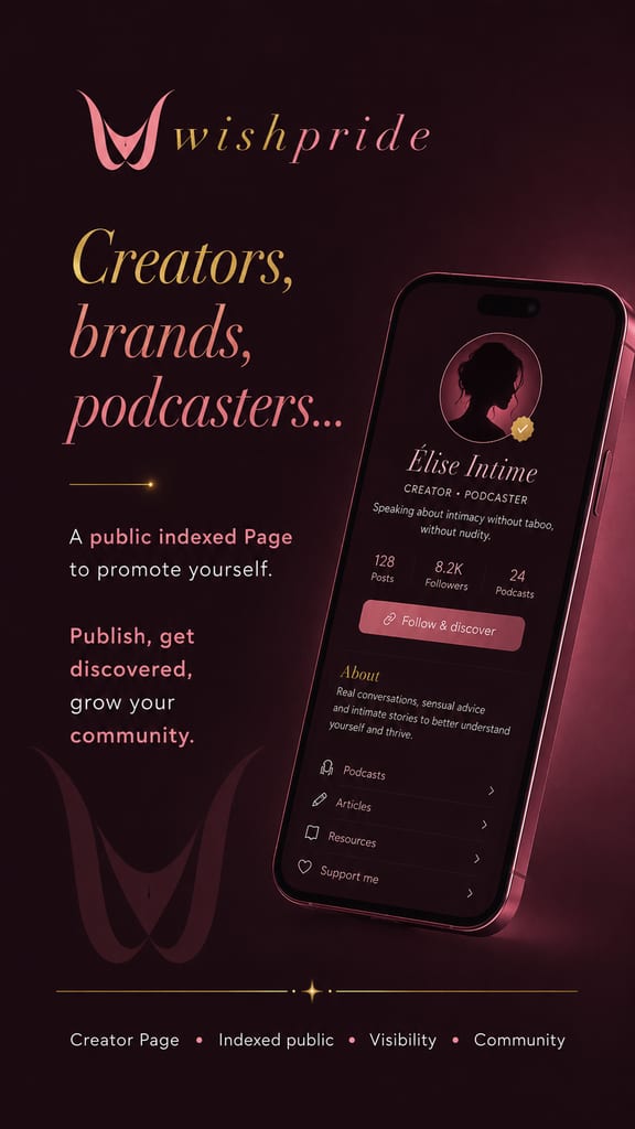 WishPride creator page promo with “Creators, brands, podcasters…”, a smartphone mockup showing an “Élise Intime” profile, and “Publish, get discovered, grow your community” text.