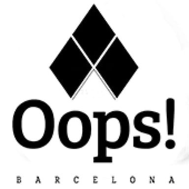 Oops! Barcelona logo with black diamond shapes above bold “Oops!” text on a white background.