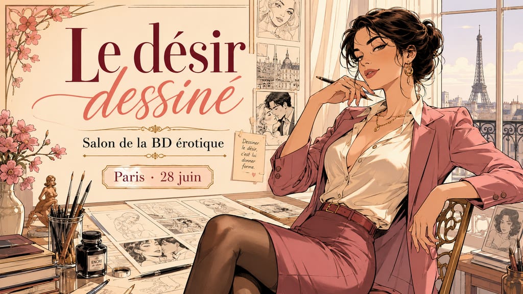 Poster illustration for @wishpride showing “Drawn Desire” and “Erotic Comics Fair,” with Paris on June 28, an artist’s workspace, and a view of the Eiffel Tower.