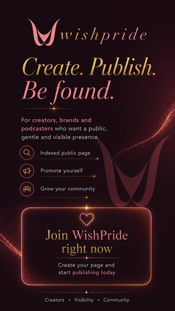 WishPride marketing design reading “Create. Publish. Be found.” with icons, “Join WishPride right now,” and “Create your page and start publishing today” on a glowing button.