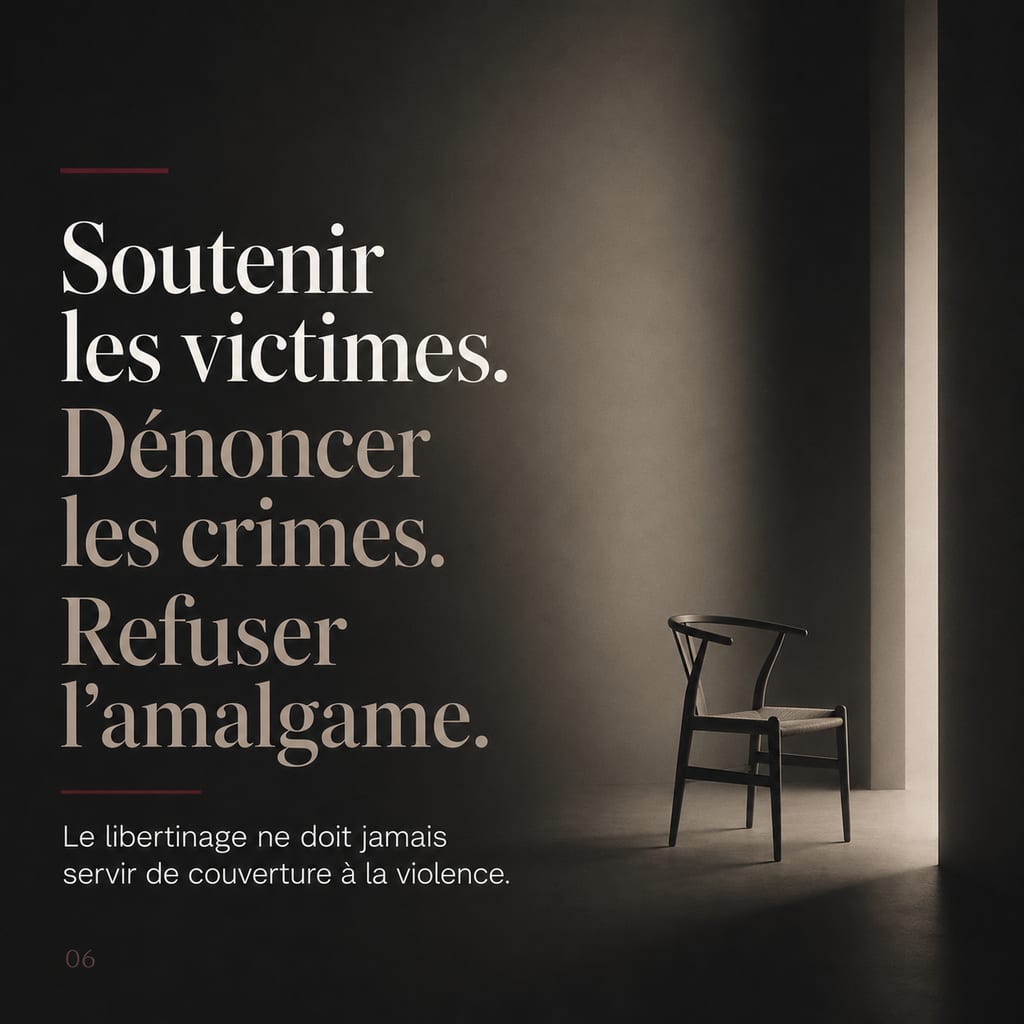 Minimal spotlight scene with a chair and large white text: “Support victims. Denounce crimes. Refuse lumping everything together.” plus “Libertinism must never be used as cover for violence.”