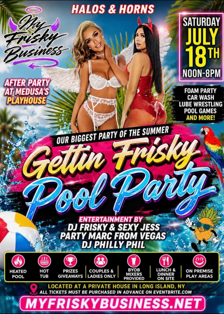 Colorful promotional flyer for “Gettin Frisky Doggy Party” at Medusa’s Playhouse with “Halos & Horns” branding, July 18 timing, and a list of event activities.