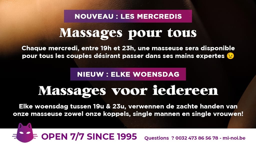 Mi-Noï announcement titled “Massages for everyone” for Wednesdays between 19:00 and 23:00, with a purple header and “OPEN 7/7 SINCE 1995” footer.