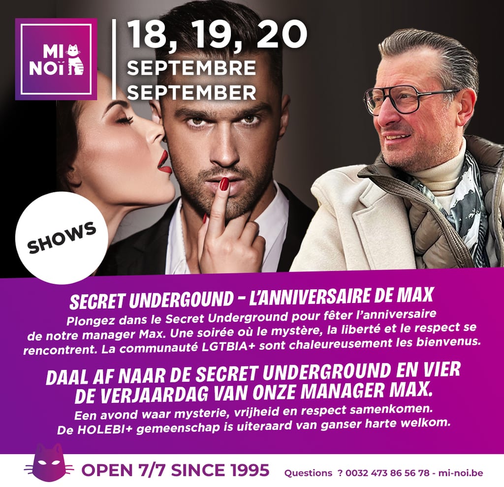 Mi-Noï event flyer with two portraits on a dark background, dates 18–20 September, and the headline “Secret Underground – Max’s Anniversary” in purple and white.