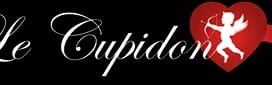 “Le Cupidon” banner with white cursive text, a Cupid silhouette inside a large red heart, on a black background.