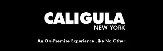 Black banner with white lettering “CALIGULA NEW YORK” and the tagline “An On-Premise Experience Like No Other”.