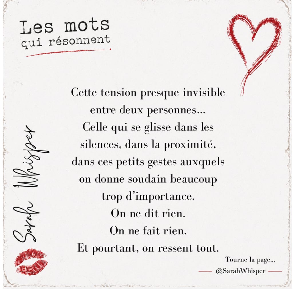 Graphisme de citation vintage minimal sur fond crème avec un doodle de cœur rouge et une icône de lèvres, affichant des mots français sur une tension presque invisible entre deux personnes de @sarahwhisper.