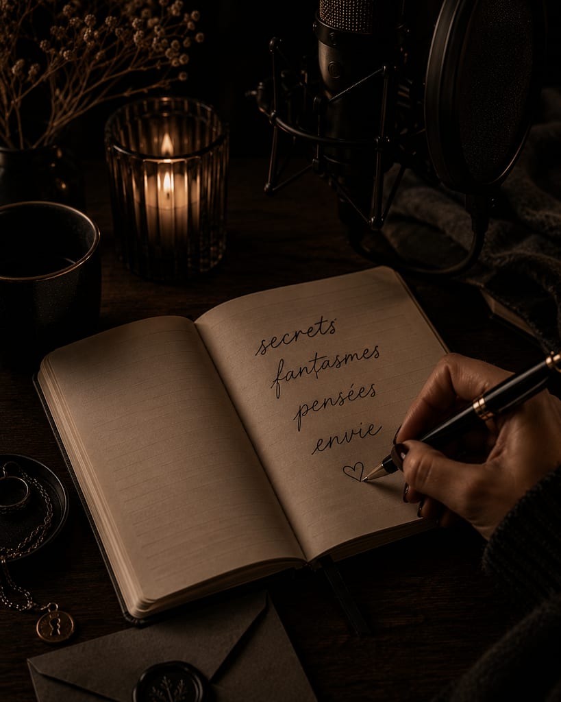 Scène faiblement éclairée avec un carnet ouvert montrant des mots manuscrits (« secrets » et d’autres notes), une bougie allumée et un micro de studio, évoquant des confidences privées et une écoute attentive.
