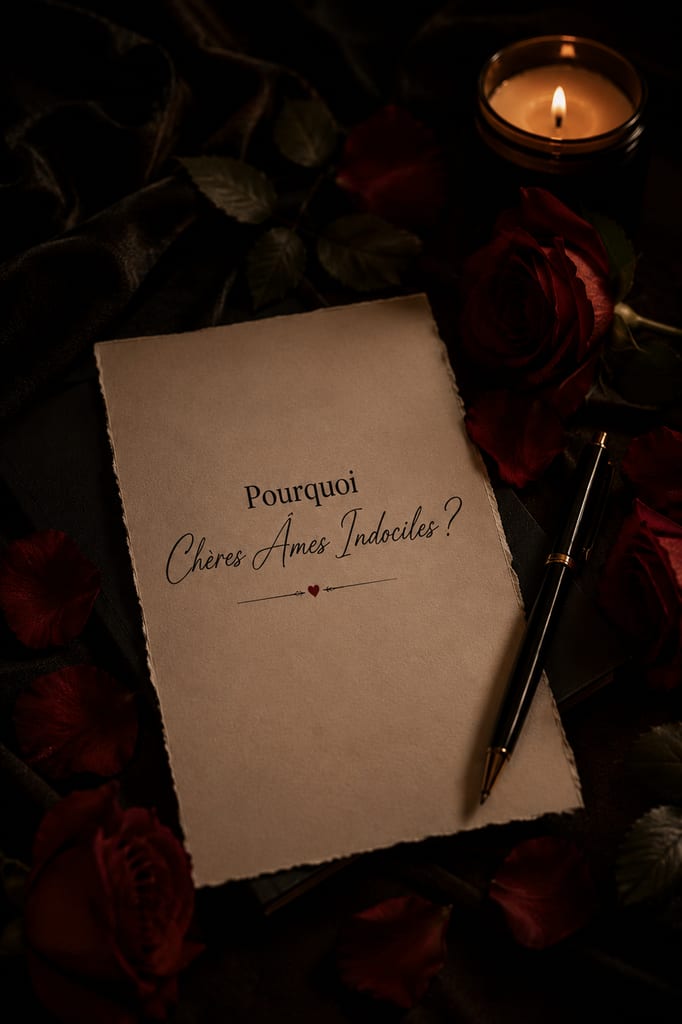 Une scène sombre et romantique avec une bougie allumée et des roses rouges autour d’une carte de style parchemin portant le texte manuscrit « Pourquoi Chères Âmes Indociles ? ».