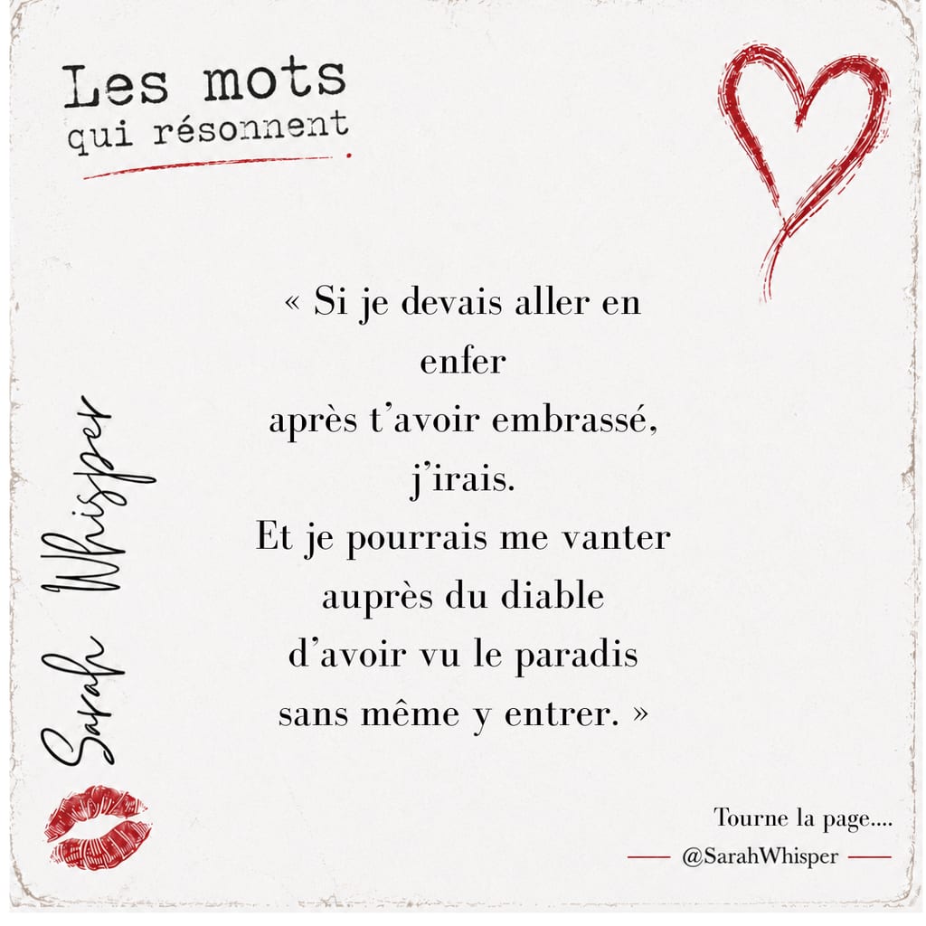 Carte de citation typographique crème par @sarahwhisper avec un contour de cœur rouge et une icône de baiser, montrant un texte sur le fait d’aller en enfer après un baiser.