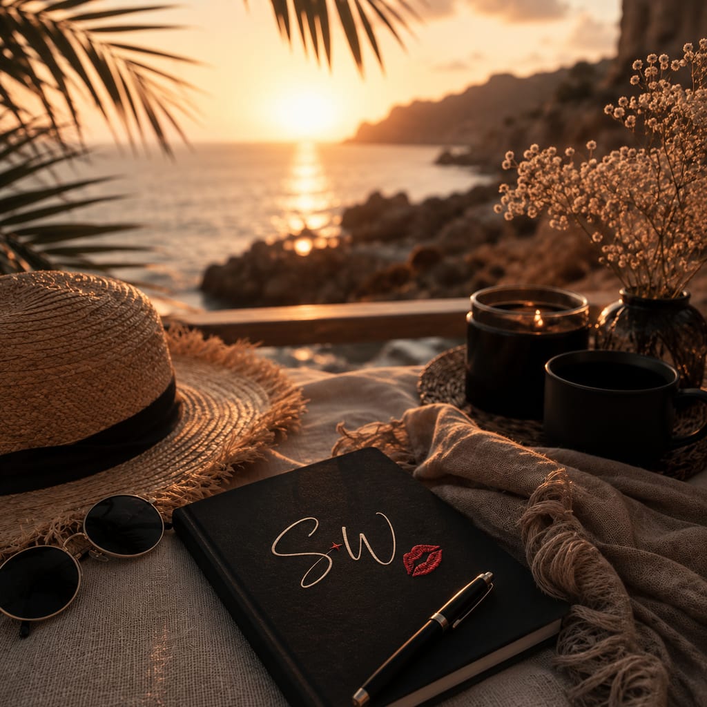 Table basse au bord de la mer au coucher du soleil avec un chapeau de paille, des lunettes de soleil, des bougies et un carnet pour @sarahwhisper étiqueté « Sw », à côté d'une écharpe pliée et d'un petit bouquet.