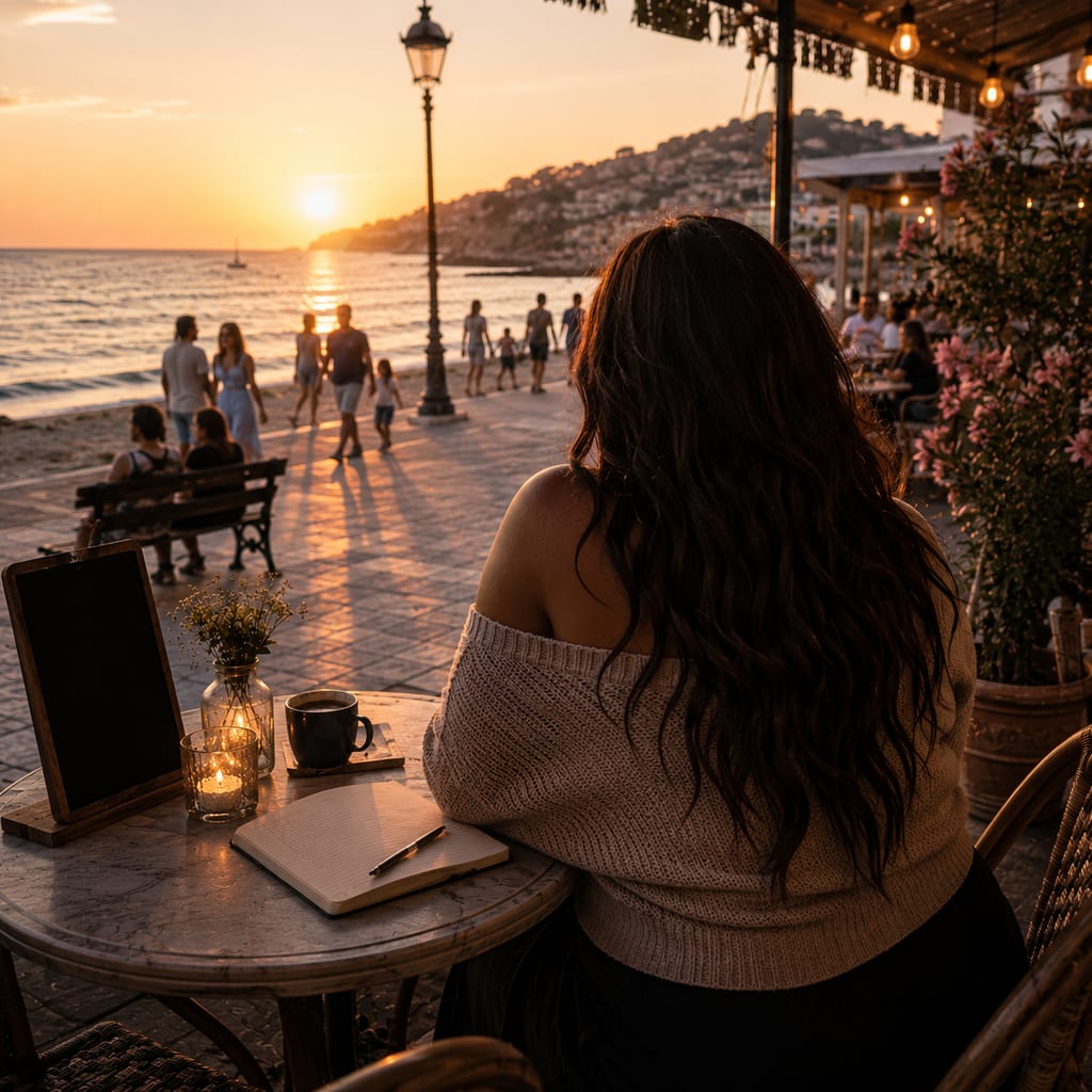 Scène de terrasse au bord de mer à l’heure dorée : une personne en pull léger est assise à une table ronde avec un carnet et un café, tandis que des lanternes brillent et que d’autres se promènent sur la plage.