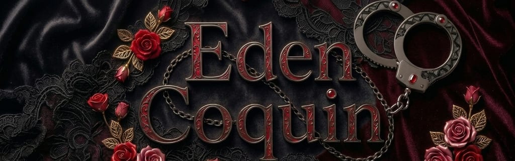 Bannière de @Eden_Coquin avec fond en velours sombre, dentelles et roses rouges, menottes argentées et l’inscription « Eden_Coquin » au centre.